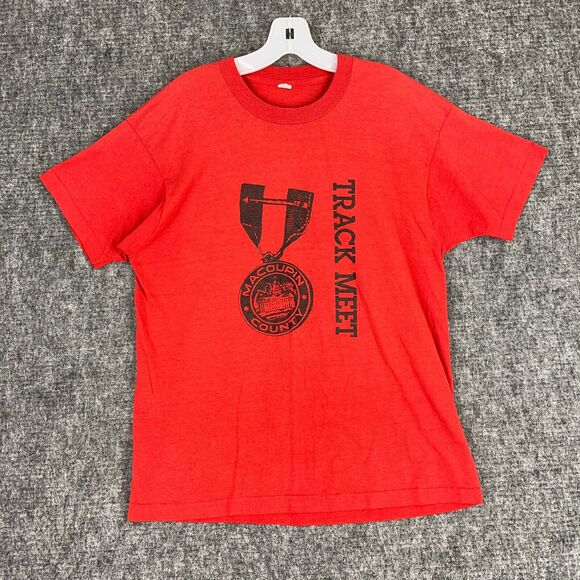 Vintage Single Stitch Shirt Mens M Red 90s Macoupin Track Field Running Champs - Picture 1 of 8